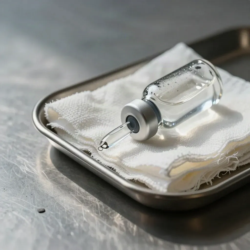 Medical vial, gauze squares, and capped glass ampule on brushed steel in macro detail.