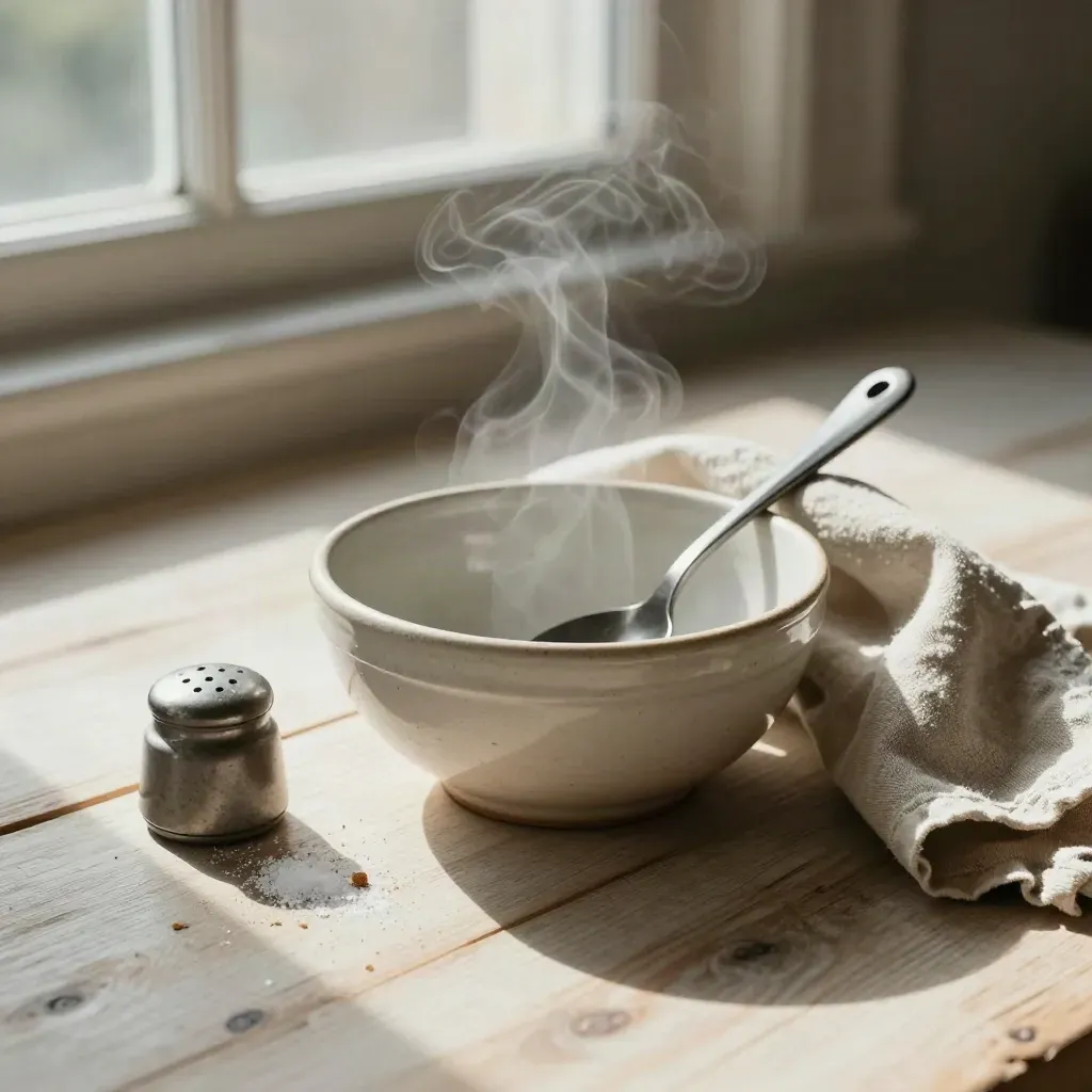 Steaming ceramic bowl with spoon, linen wrap and salt cellar on pale wood.