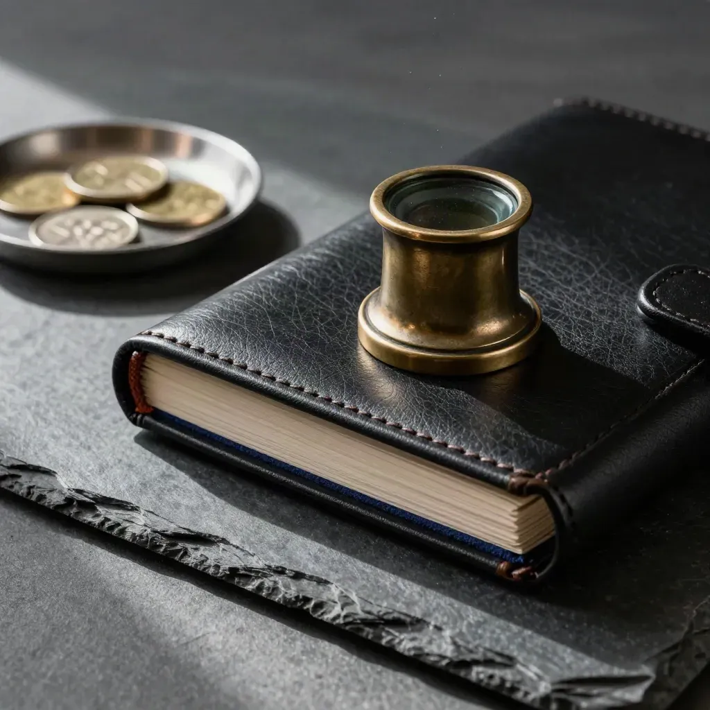 Bronze paperweight, black leather ledger, and steel coin tray on slate in raking light.