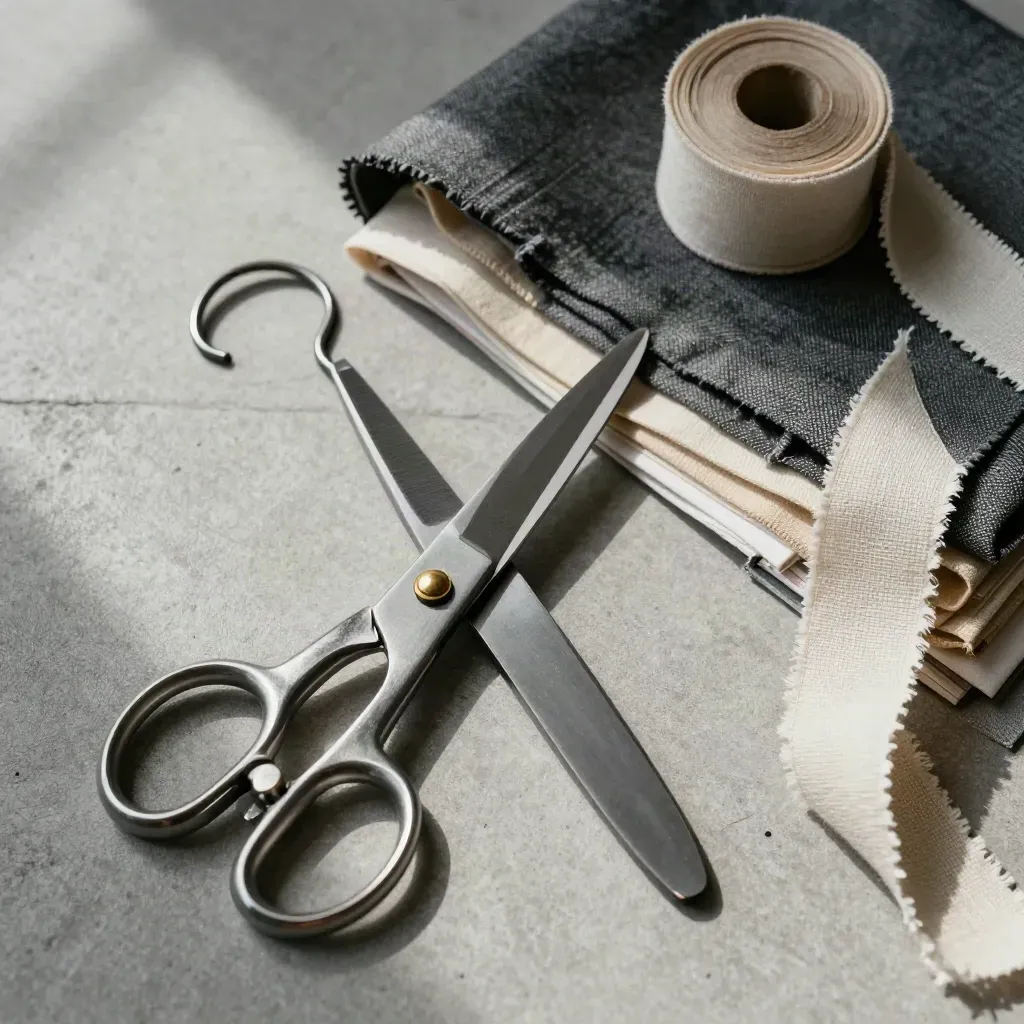 Tailor's shears, calico swatches, hanger hook and linen ribbon on cool concrete.