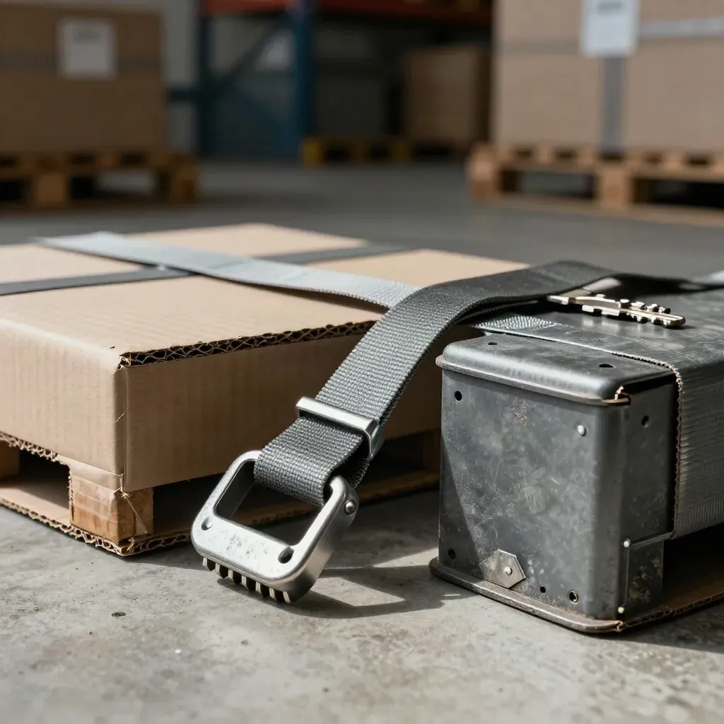 Warehouse strap buckle, corner guards and metal seal on concrete in dramatic light