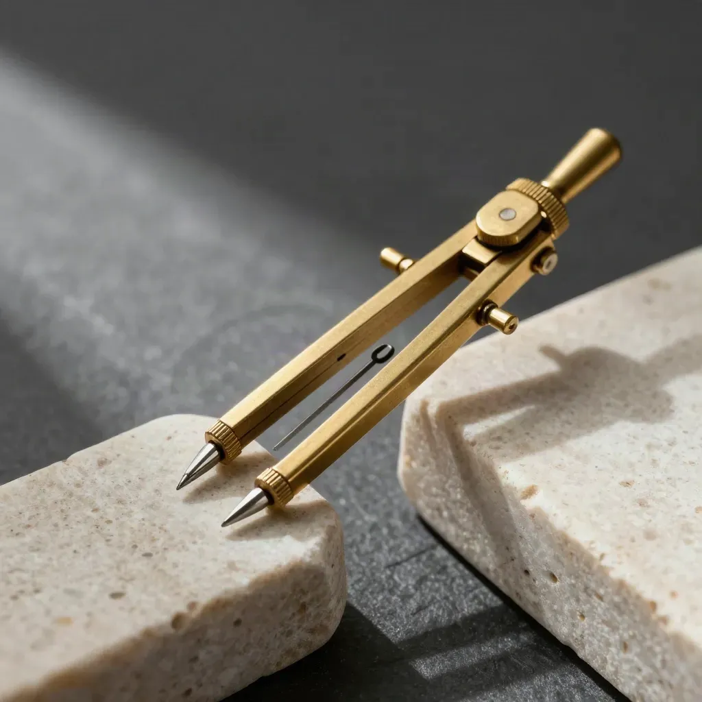 Brass drafting compass, pale stone markers and matte paperweight on charcoal slate under raking light.