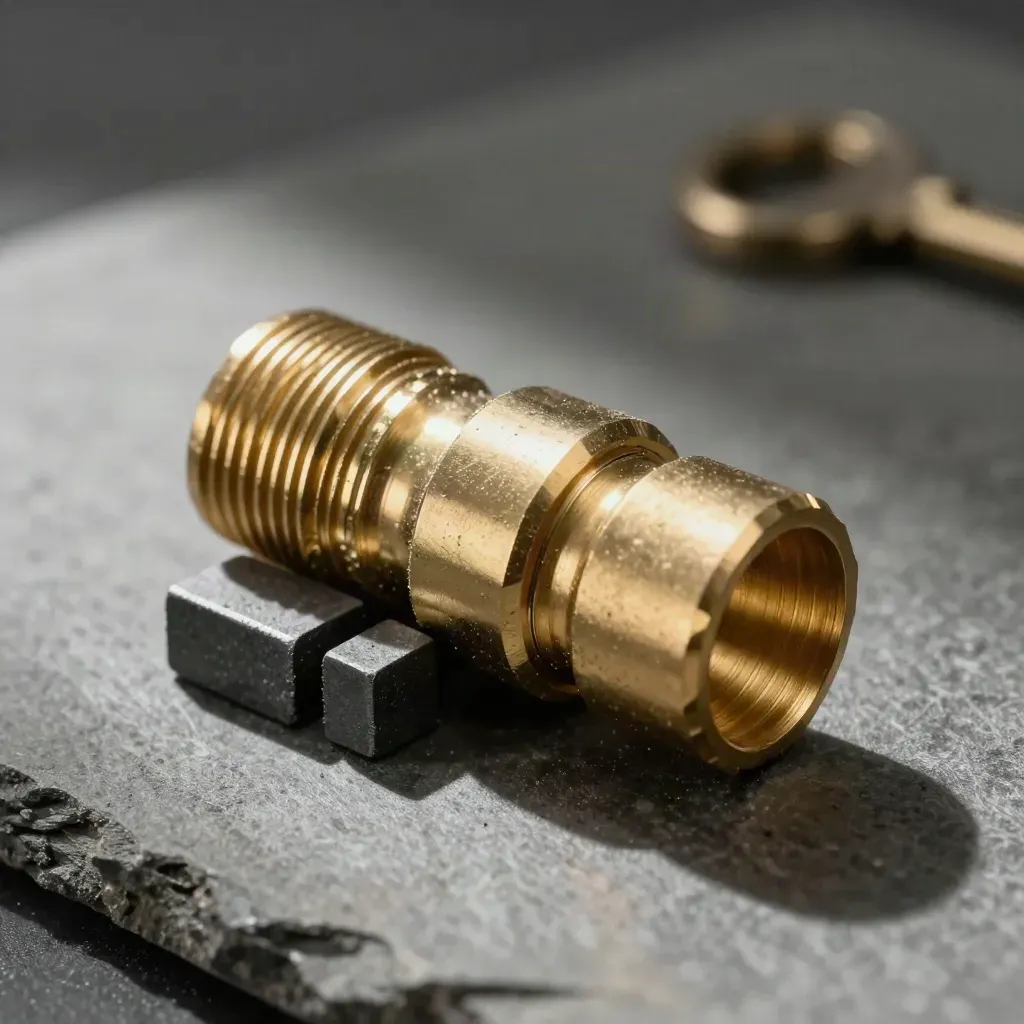 Dismantled brass connector set with graphite blocks on stone, lit dramatically in macro.