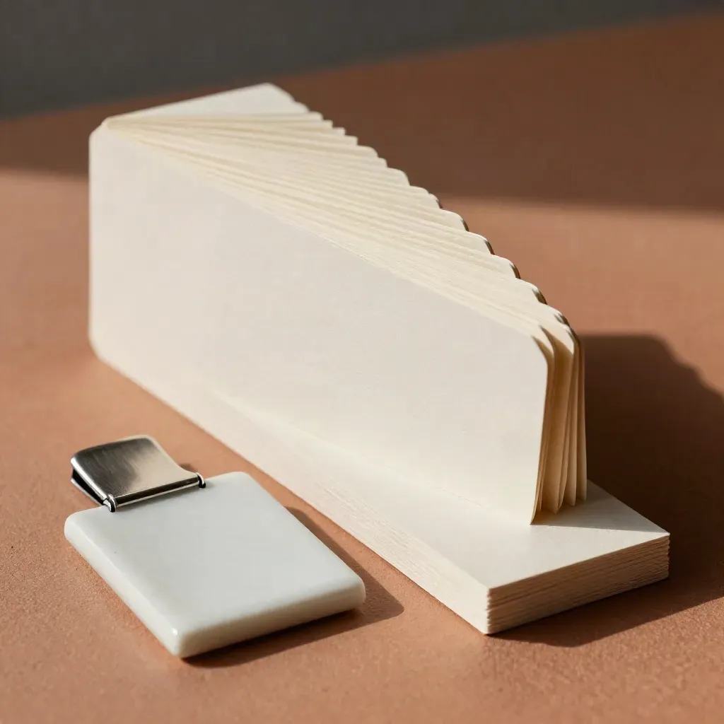 Stepped cream cards, ceramic tile and steel clip on a terracotta surface.