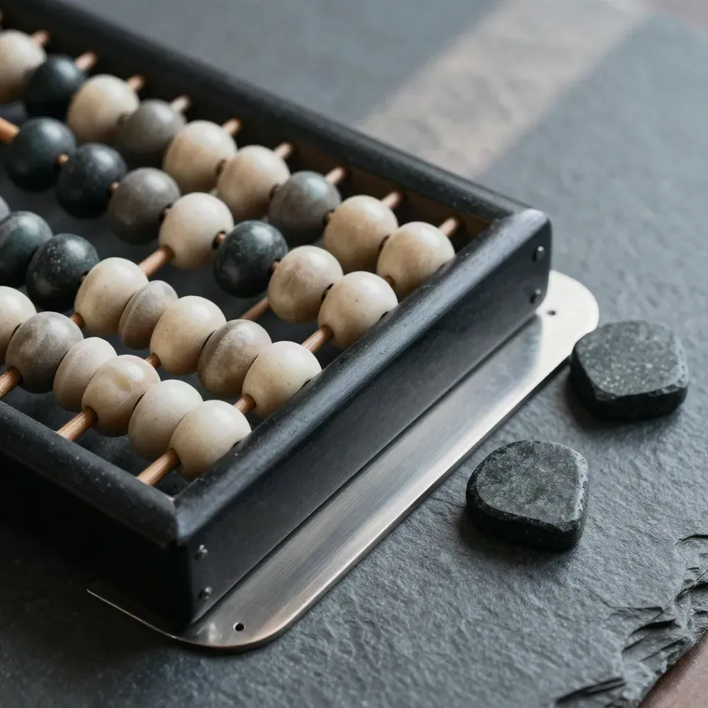 Ebony abacus with bone beads and slate tokens on a brushed metal tray in soft daylight.