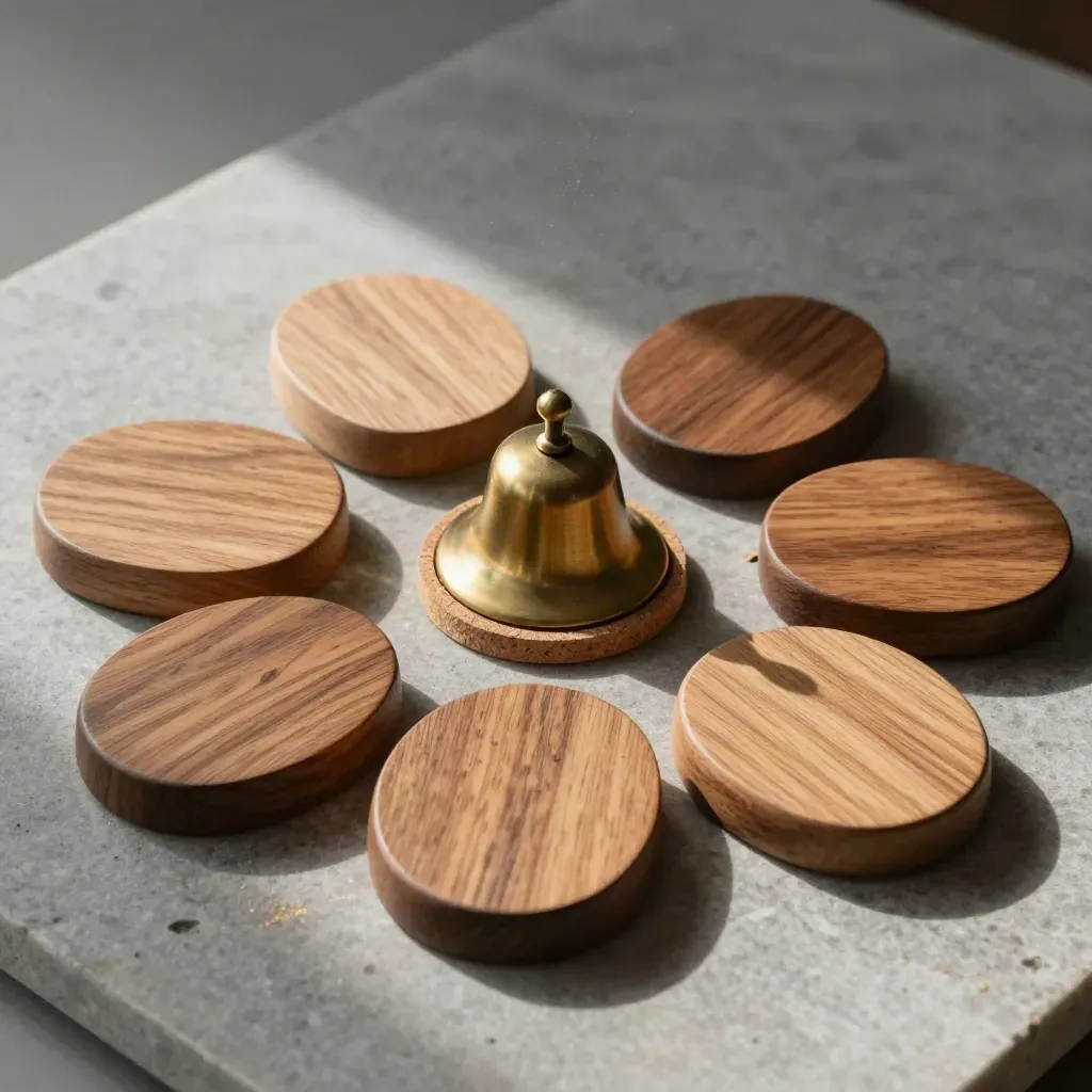 Wooden conversation discs and a brass bell on limestone in a top-down workshop flatlay.
