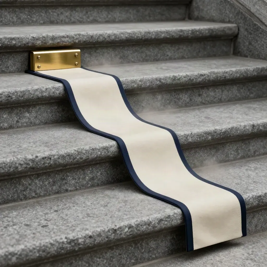 Stone steps, brass marker, and cream tab strip on pale plaster with dusty light