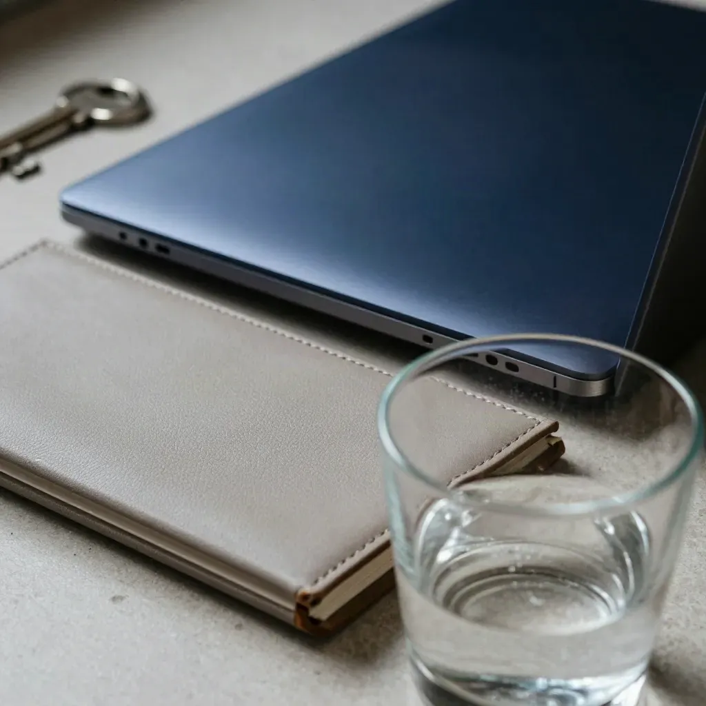 Closed navy laptop, leather folio and glass tumbler on plaster, shot through blurred glass