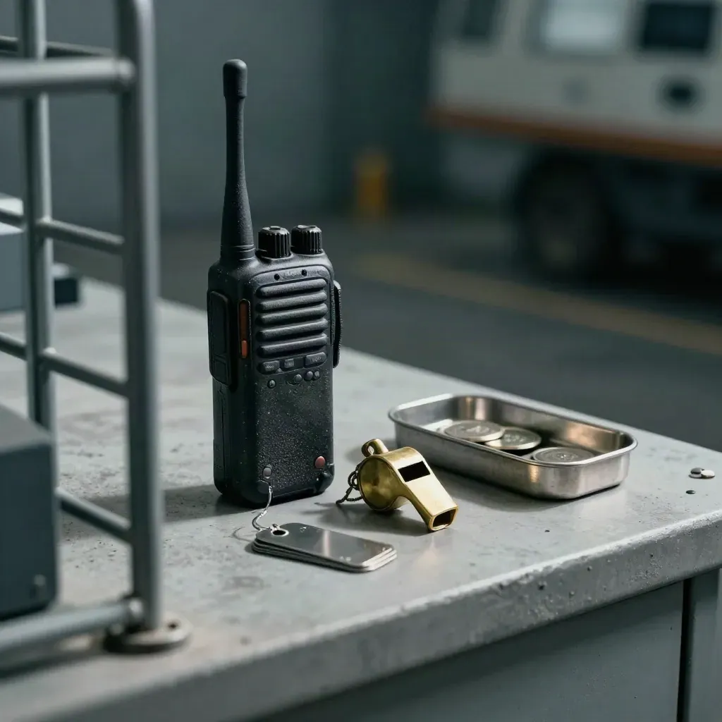 Walkie-talkie, brass whistle, safety tags and token tray on a concrete ops bench