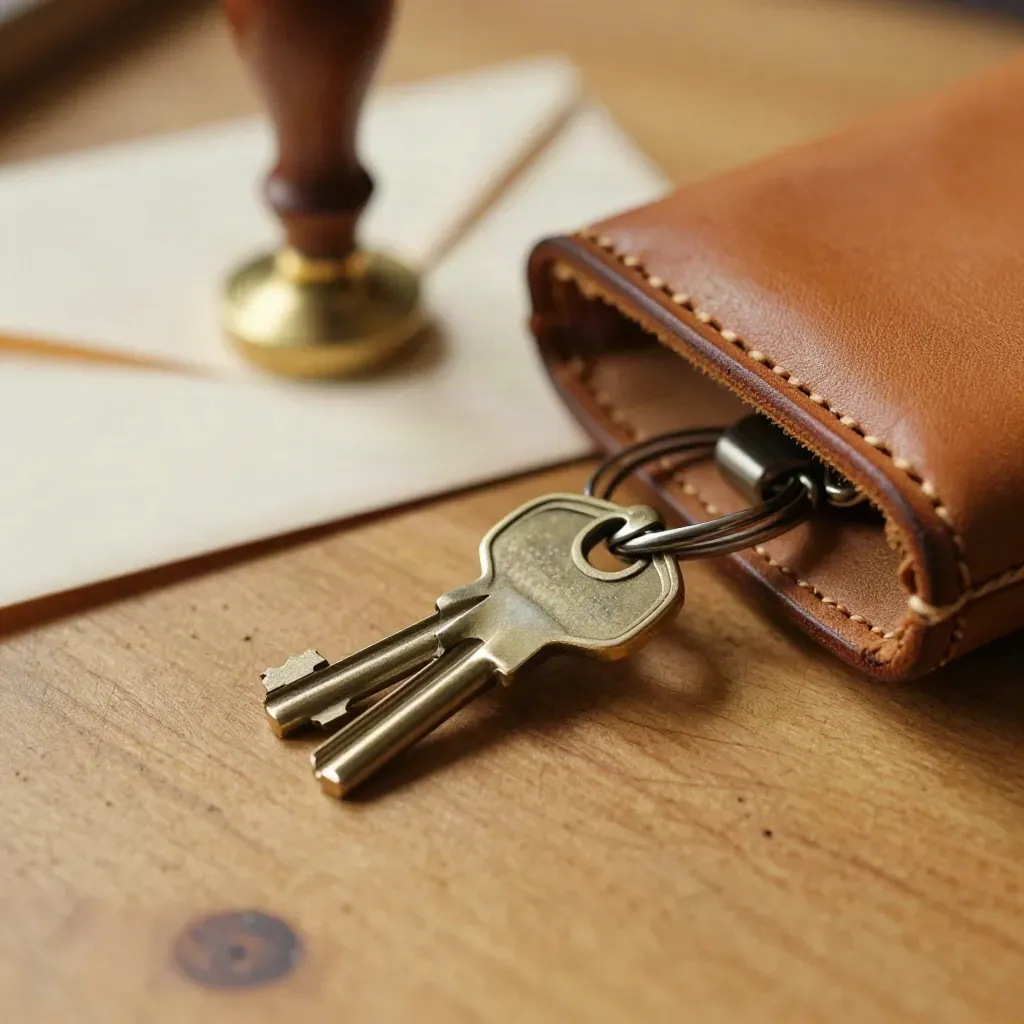 Macro still life of keys, sealed envelope, brass stamp and leather expense pouch