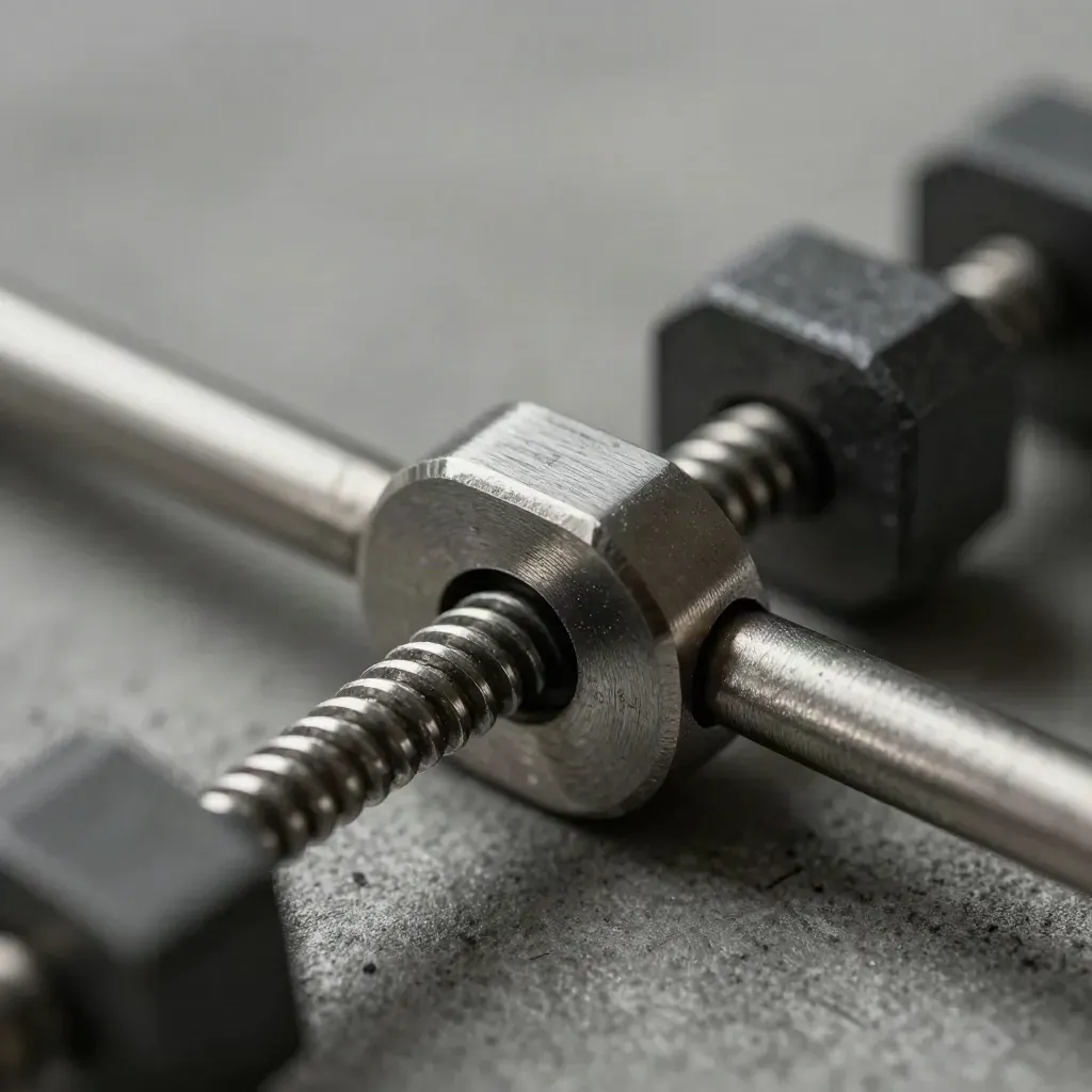 Brushed steel rings and graphite blocks connected on concrete in dramatic macro light