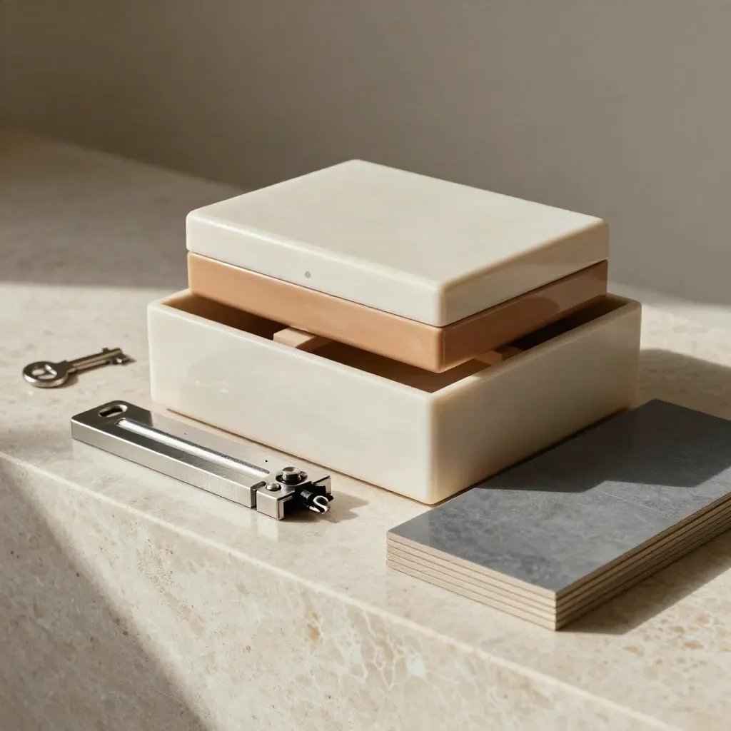 Lacquered boxes, magnetized connectors, and offset tiles on limestone in dramatic side light.