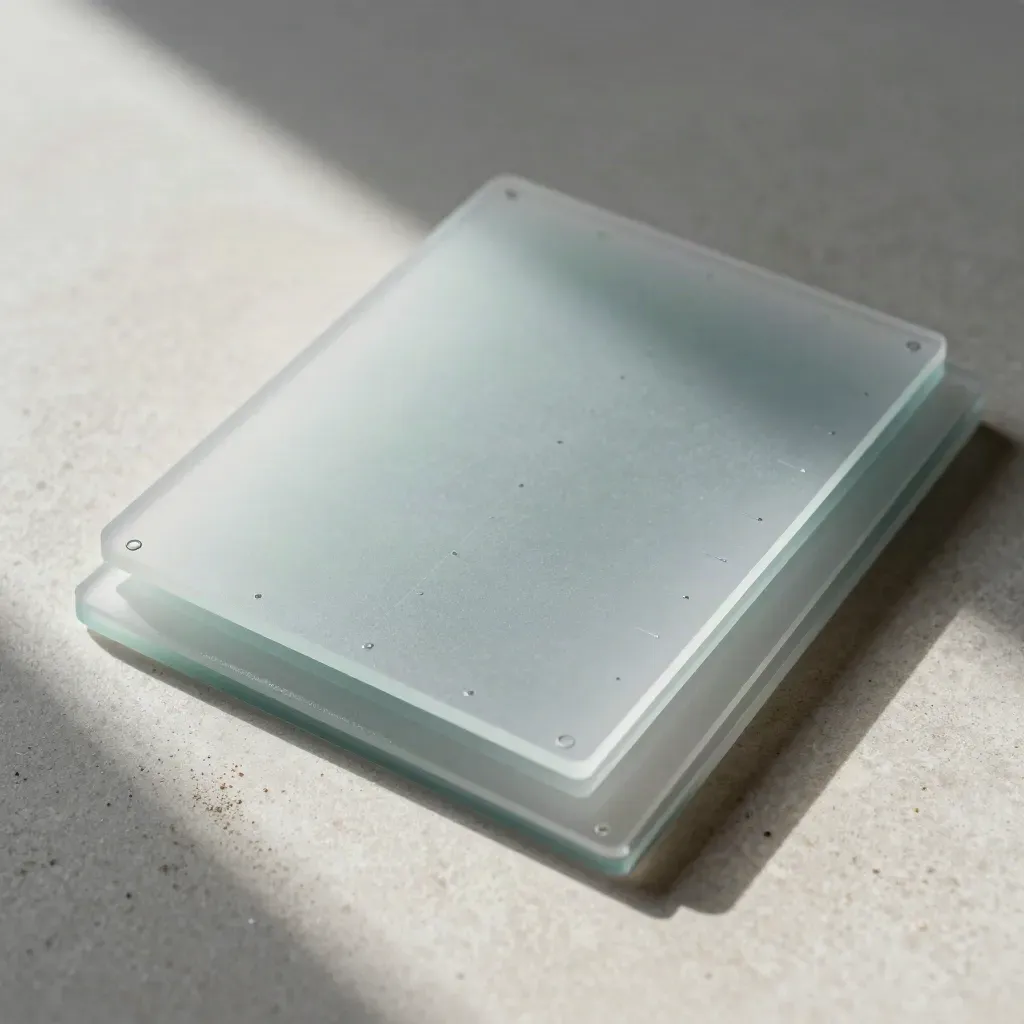 Frosted acrylic swatches and alignment pins in a tidy grid on pale stone, lit by soft daylight.