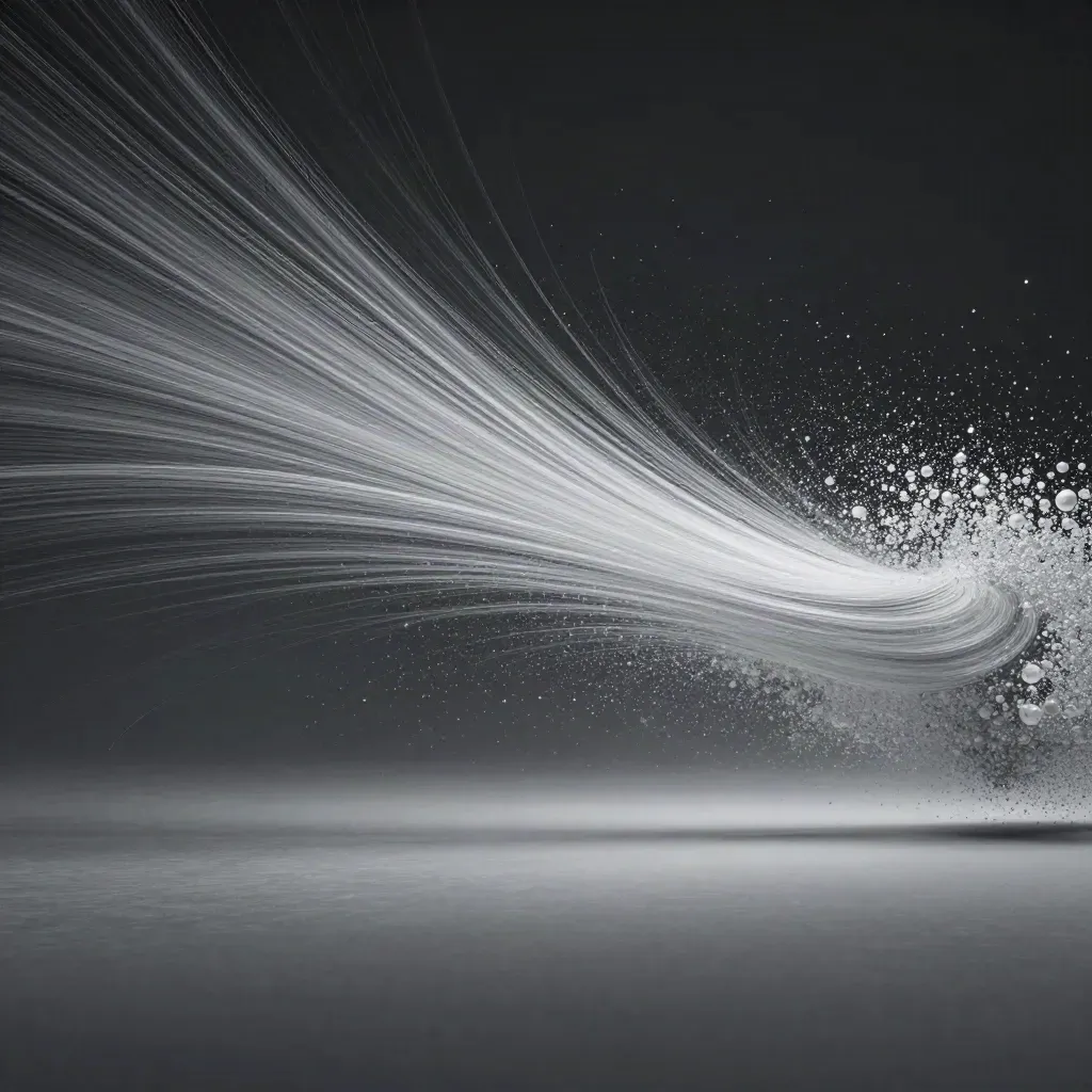 Silver particle streams bloom in graphite space with drifting motes and copy room.