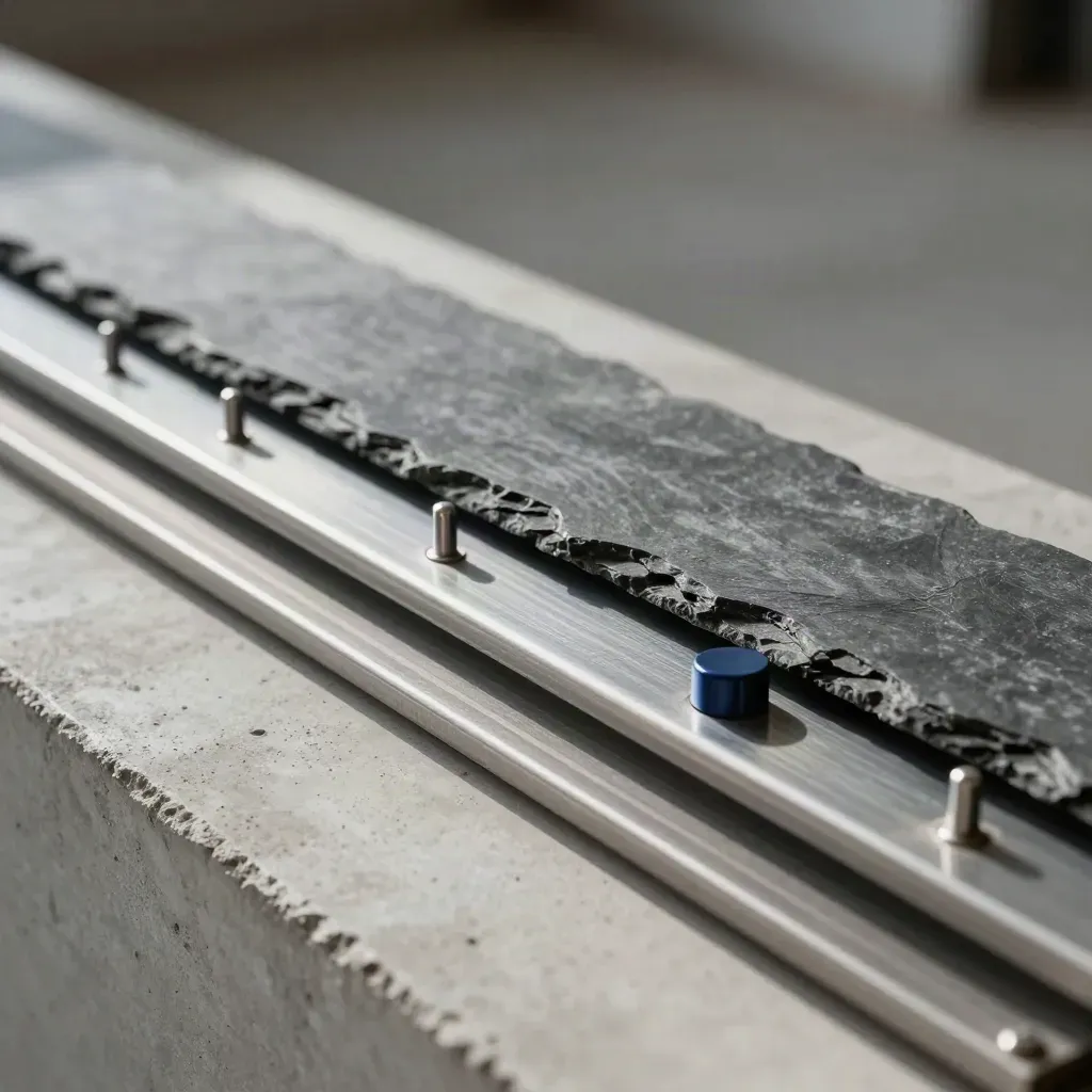 Slate markers and a metal track on concrete, close-up with navy accent and soft graphite haze